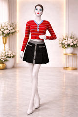 Women’s Black Tweed A-Line Mini Skirt – Contrast Waistband & Button Detail