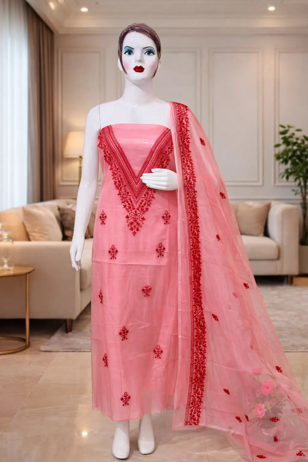 Pink Cotton Kota Doria Unstitched Suit Set with V-Neck Embroidery | Elegant Party & Festive Wear