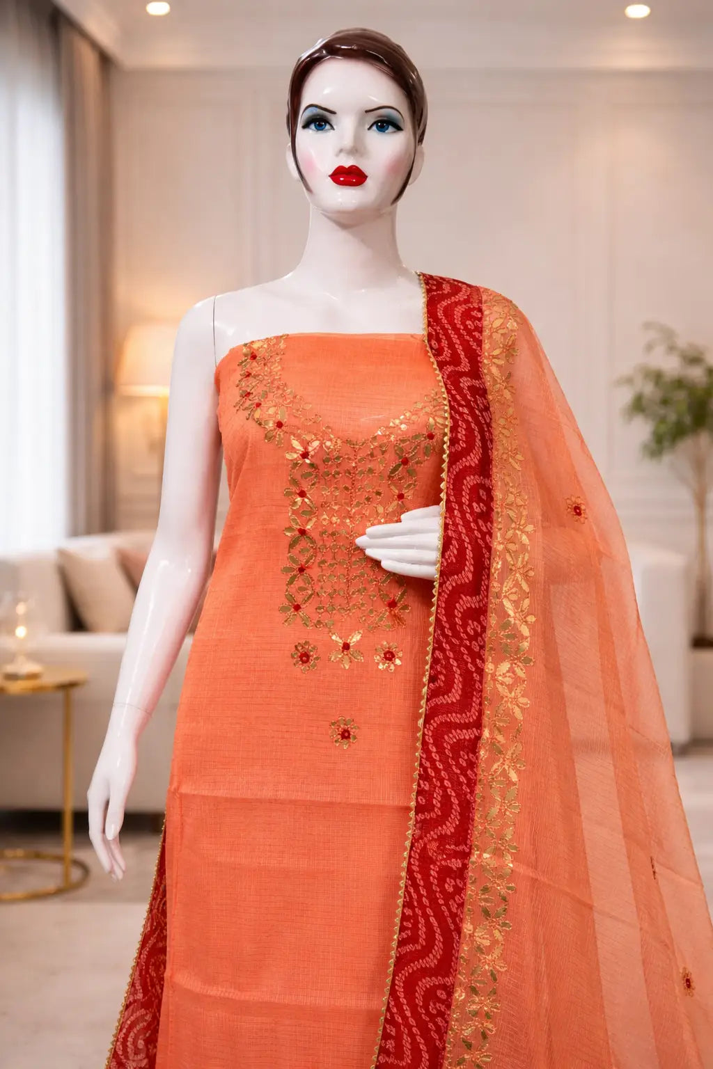 Peach Cotton Kota Doria Unstitched Suit Set with Heavy Golden Embroidery | Wedding & Party Wear