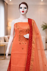 Peach Cotton Kota Doria Unstitched Suit Set with Heavy Golden Embroidery | Wedding & Party Wear